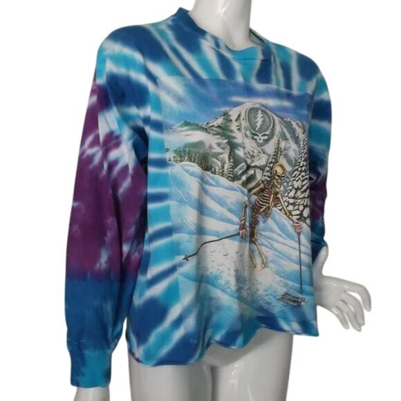 Vtg GRATEFUL DEAD Cropped Tee, L, Blue Tie-dye, Long sleeve, Skiing Skeleton - Picture 3 of 15